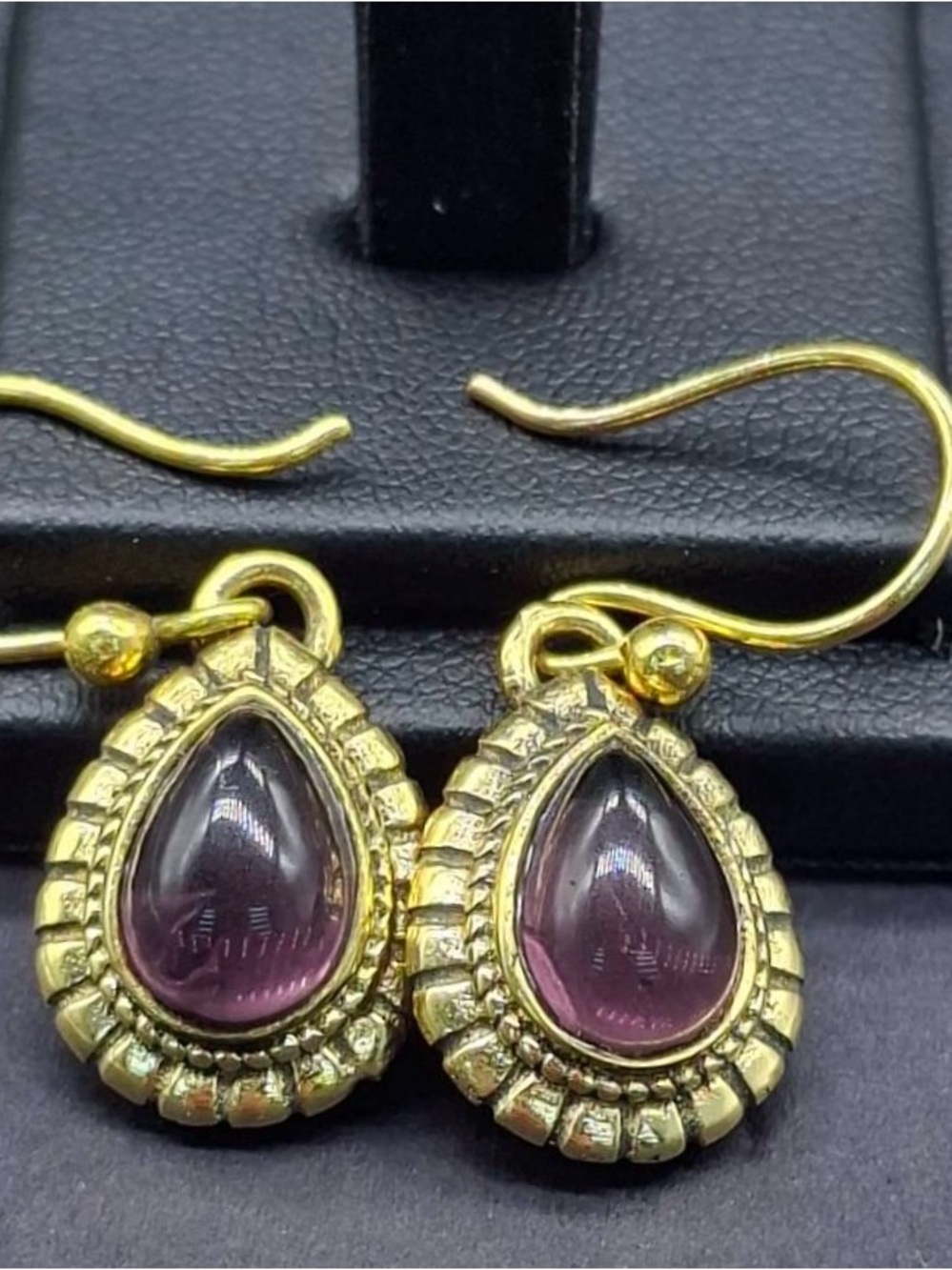 Gold-Tone Purple Teardrop Earrings with Beaded Frame